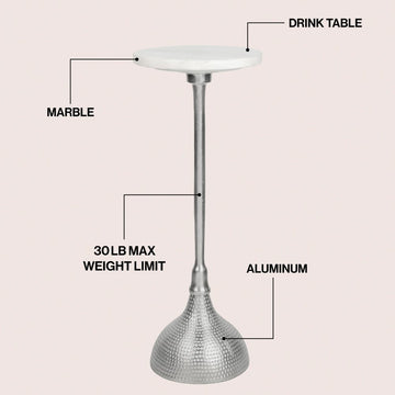 Ava 23.75" Art Deco Contemporary Metal Pedestal Drink Table and Decorative End Table with White Marble Round Top and Hammered Base
